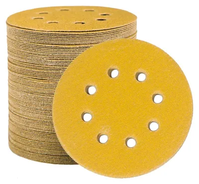 Image de Papier abrasif auto-agrippant, 125 mm, 8 trous, grain P400, couleur or, 100 pièces, pour ponceuses excentriques, adapté au bois, au métal et à la peinture