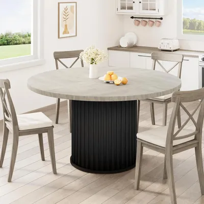 Produktbild von Runder Esstisch 120 cm - Küchentisch Esszimmertisch - Industrieller Stil - Metall-Säulenfuß - Holzplatte - Bis 160 kg belastbar - Platzsparend - Grau