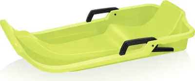 A lime green plastic sled with black handles against a white background.