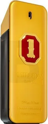 A close-up, angled shot of a gold-colored perfume bottle with a black side.