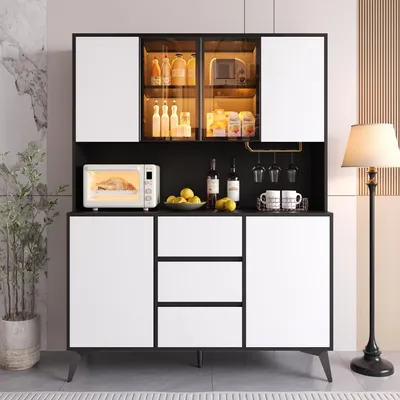 Image de Armoire haute Merax avec vitrine à LED et façade en verre, buffet à 4 portes et 3 tiroirs, armoire de salle à manger, armoire de cuisine avec porte-verres, noir