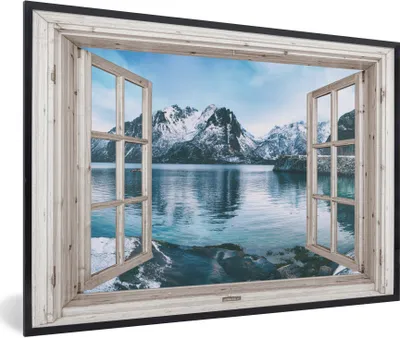 Produktbild von MuchoWow® Gerahmtes Poster Aussicht - Berg - Wasser 60x40 cm - Poster mit Schwarzem Bilderrahmen Wandposter Rahmen Foto Bilder - Printing - Wanddeko Schlafzimmer