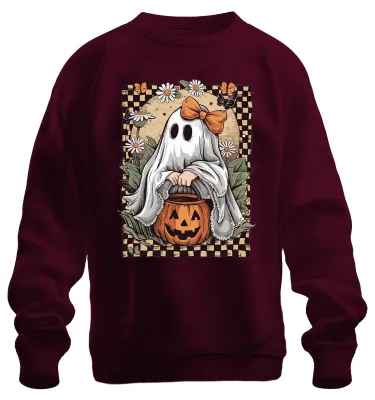 Zdjęcie produktu dla Bluza uni Cute Ghost Halloween Pumpkin Daisy Bow Retro, bordowy, XXL