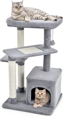 Obrázek produktu pro COSTWAY škrabadlo malé, výška 85 cm, kočičí strom s jeskyní pro kočky a měkkým sedátkem a míčem a sisalovým sloupkem, dřevěné škrabadlo pro kočky, kočičí nábytek, strom na hraní, šedý