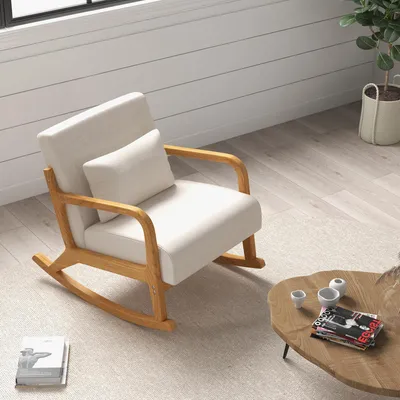 Produktbild von SUGIFT Schaukelstuhl Retro, Relaxsessel mit Lendenkissen, Gummibaumholz, Cremeweiß | 64,5 x 92 x 81,5 cm | 16,8 kg