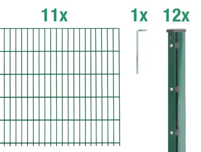 Produktbild von Alberts Doppelstabmattenzaun 6-5-6, Matten 2,50 m, Höhe 1,43 m, Länge 27,5 m, grün, Zaun als Komplettset, Pfosten mit Abdeckleiste 60x40 mm