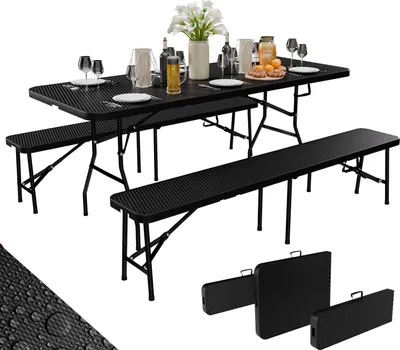 Produktbild von 24MOVE® Bierzeltgarnitur 3-teiliges Set Klappbarer Tisch und 2 Bänke aus Rattan, wetterfeste Gartengarnitur für drinnen & draußen