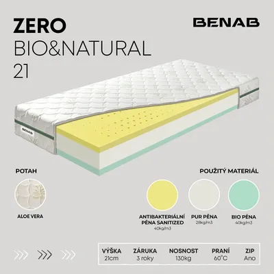 Obrázek produktu pro Pěnová matrace Benab Zero Bio&Natural 21 Matrace 140 x 200 cm H3 / H4 tvrdost 21 cm výška Pěnové matrace, Aloe Vera, Antibakteriálni, BIO pěna, PUR