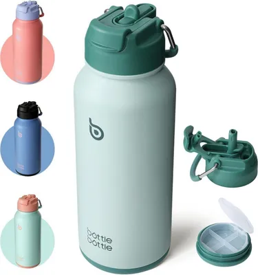 Produktbild von Edelstahl Trinkflasche 1L mit Strohhalm und Pillendose, Grün