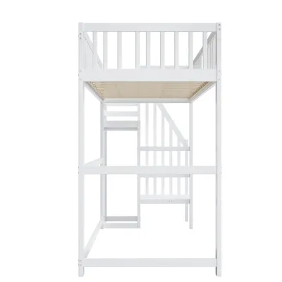Produktbild von Flieks Etagenbett 90x200cm mit Treppe und Kleiderschrank, Hochbett Jugendbett mit Lattenrost, Kinderbett mit Rausfallschutz, Einzelbett Holzbett, Weiß