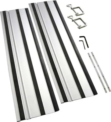 A set of aluminum guide rails with black rubber strips, along with some accessories like clamps and an Allen wrench, laid out on a white background.