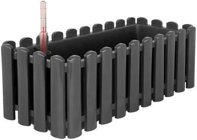 A gray rectangular planter with a fence-like design and a thermometer sticking out of it, set against a white background.