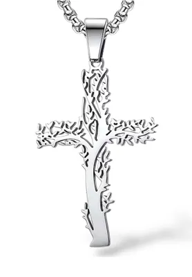 Produktbild von Uni Anhänger Kreuz Edelstahl Silberfarben Kreuz Mit Kette Baum Des Lebens
