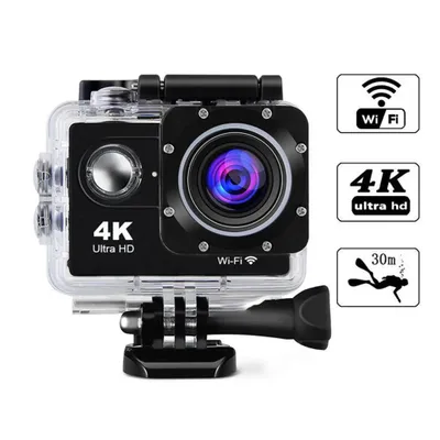 A black action camera in a clear waterproof case, mounted on a bracket, shown against a white background.