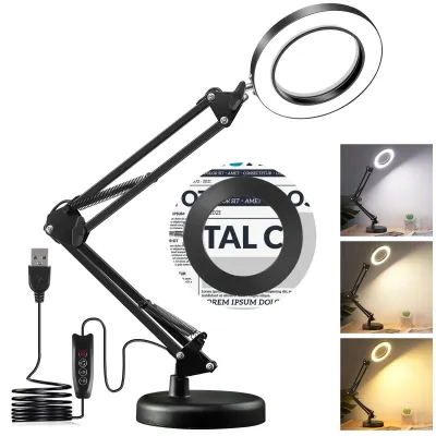 Produktbild von LED Lupenlampe mit Ständer - 10x Tischlampe - 9 Helligkeitsstufen, 3 Lichtfarben - Metall - Für Reparaturen, Nähen, Lesen - Schwarz