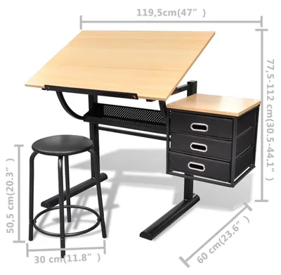 Produktbild von Zeichentisch - Zeichentisch mit Hocker - Zeichenbüro - Zeichentisch mit Schubladen - Kippbarer Zeichentisch