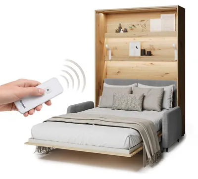 Produktbild von MEBLINI Elektrisches Schrankbett Bed Concept - Wandbett mit Lattenrost, Matratze, Sofa und Kopfteil - Wandklappbett - BC-36 - 140x200cm Vertikal - Artisan Eiche - Sofa und Kopfteil Grau