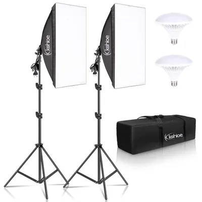 Produktbild von FCH Studio Softbox Set 2x51x69 cm mit 5500K LED Beleuchtung, professionelle Fotografie Ausrüstung mit verstellbaren Ständern, Schwarz Silber