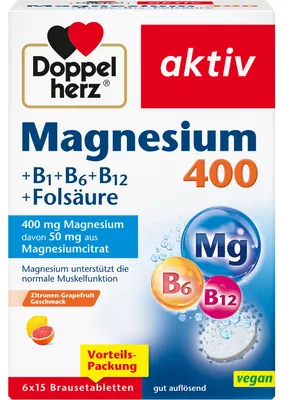 Obrázok produktu pre Double Heart Active Magnesium 400 + B1 + B6 + B12 + kyselina listová Šumivé tablety pre normálnu funkciu svalov, 90 kapsúl. Šumivé tablety