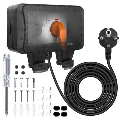 Produktbild von Außensteckdose – Wasserdicht – IP66 – Steckdose für den Außenbereich – Aufputzmontage – 3 Meter Kabel mit Schalter – 2-fach