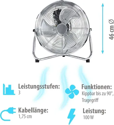 Produktbild von Grafner Ventilator Bodenventilator Ø46 cm im Retro-Stil, 100 Watt, mit 3 kraftvollen Stufen, verstellbarer Neigungswinkel, tragbar, 18 Zoll Standventilator Windmaschine Ventilator Retro