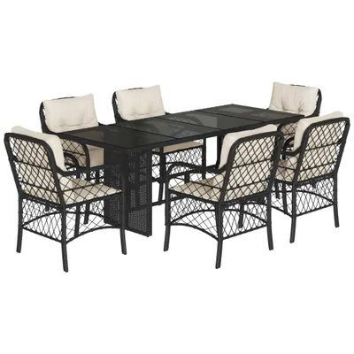 Produktbild von 7-tlg. Garten-Essgruppe mit Kissen Schwarz Poly Rattan