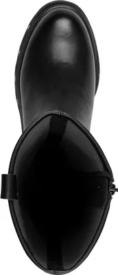 A top-down view of a black leather boot.