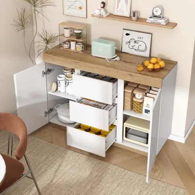 Productafbeelding van AIORBER Kommode, met 3 lades en 2 deuren, gemaakt van E1-spaanplaat, stabiele constructie, 90 x 40 x 75 cm, klassiek design, geschikt voor slaapkamer en woonkamer, wit