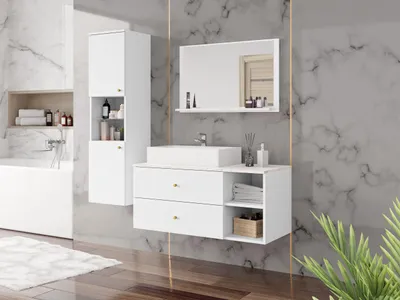 Immagine prodotto di Mobile bagno SEGUNDO 2 - marmo chiaro / bianco opaco + lavabo e sifone GRATIS
