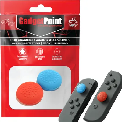 A product package for gaming accessories, with the product itself partially visible, and a pair of controllers with the accessories attached.