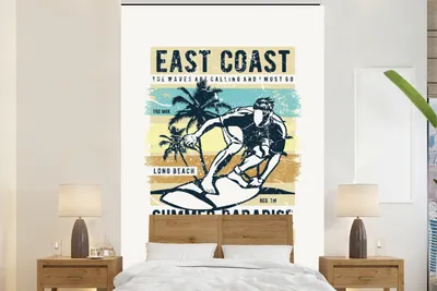 Produktbild von MuchoWow® Fototapete für Wohnzimmer oder Schlafzimmer Wandtapete Vinyl Motivtapete Surfbrett - Meer - Strand - Vintage - 200x300 cm - Wanddekorationen