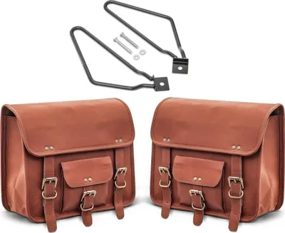 Produktbild von Set 2x Motorrad Satteltaschen Leder Vintage + Satteltaschenhalter SV1