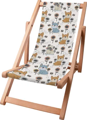 Produktbild von Dreamroots Kinder Liegestuhl klappbar Holz bis zu 130 kg, Sonnenliege klappbar mit 3-stufiger Neigungsregulierung der Rückenlehne, Dogs and Flowers