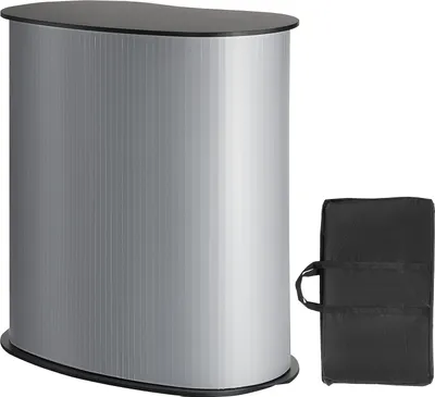 A portable tradeshow podium and its carrying case are shown against a white background.