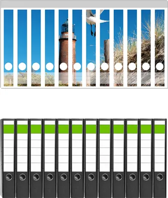 Produktbild von Wallario 12 Stück schmale Ordner inkl. Klebeetiketten mit Motive Möwe am Strand mit Leuchtturm -  Set mit Rückenschildern / Ordnerrücken Stickern