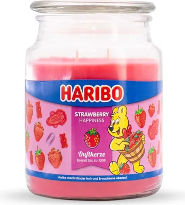 Produktbild von Haribo Duftkerze Strawberry Happiness, Kerze im Glas, Erdbeere Duft, Brenndauer bis 100 h, 510 g