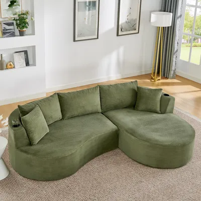 Produktbild von MODFU 3-Sitzer Rechte Chaiselongue mit Kissen und Getränkehalter Wohnzimmersofa Bogenförmiges Design Loungesofa Schlafsofa Kordstoff Für das Wohnzimmer geeignet Grün