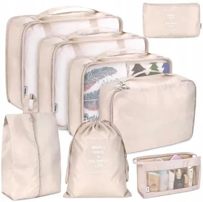 Immagine prodotto di Camerazar Set di 8 organizer da viaggio impermeabili per valigie, beige, varie dimensioni