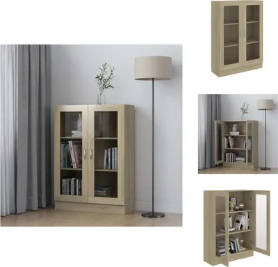 A collage of images showing a wooden display cabinet with glass doors, filled with books and decorative items. The cabinet is shown in different angles and contexts, including a room setting with a floor lamp and curtains, and close-ups of its interior.