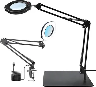 Produktbild von Unyqoos® Beleuchtete Lupenlampe, verstellbarer Schwenkarm, 4,2'' Glaslinse, 84 LEDs, Metallfuß mit Tischklemme, 5 Lichtfarben, stufenlos dimmbar
