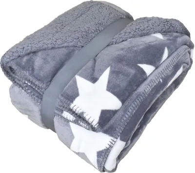 A folded gray blanket with white stars and a sherpa lining, held together by a gray strap.