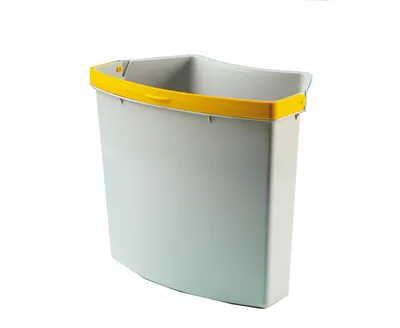 A gray waste bin with a yellow rim and handle, isolated on a white background.