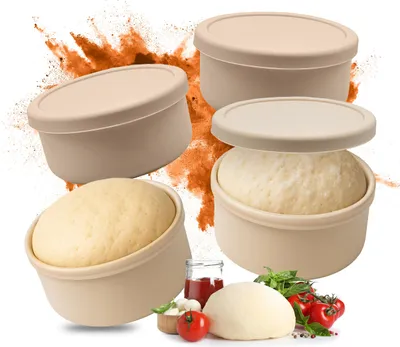 Immagine prodotto di Relaxdays Contenitore per impasto per pizza, set da 4, silicone, fino a 350 g di impasto, adatto al congelatore, A x P: 6,5 x 14,5 cm, contenitore per impasto con coperchio, beige
