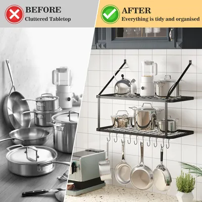 Image de Support mural pour casseroles et poêles, dimensions 74,9 x 34,8 x 58,9 cm, avec crochets, pour la cuisine
