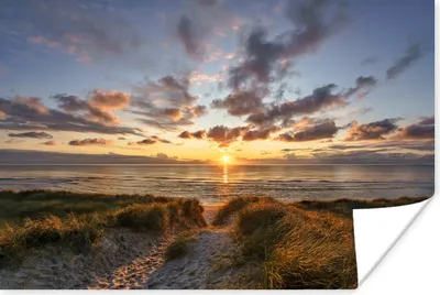 Produktbild von MuchoWow® Poster Farbenfroher Sonnenuntergang über den ruhigen Dünen 180x120 cm - Fotoplakat