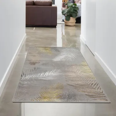 Produktbild von Moderner Designerteppich mit Palmenzweigen grau gold Größe - 80 x 150 cm