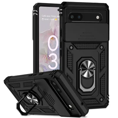 Immagine prodotto di Custodia per Google Pixel 6A a doppio strato con copertura scorrevole della fotocamera e supporto ad anello nero