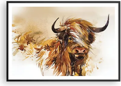 Produktbild von Gerahmtes Poster - Schwarzer Rahmen - Stier Scotch Aquarell - 100x70 cm - Wand Bild - Wanddeko - Wandbilder - Kunstposter - Wandposter - Bilderrahmen - Bilder - Kunstdruck - P2BAA100x70-4708