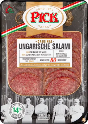 Zdjęcie produktu dla Pick Węgierskie Salami - 70G, Wędzone Plastry, Tradycyjny Smak