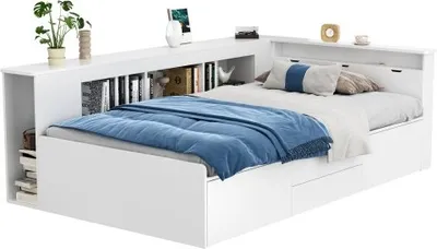 Produktbild von Kinderbett 90x200cm Ohne Matratze Einzelbett Weiss Holz Mit Schubladen Buecherregal Stauschrank Bettkasten
